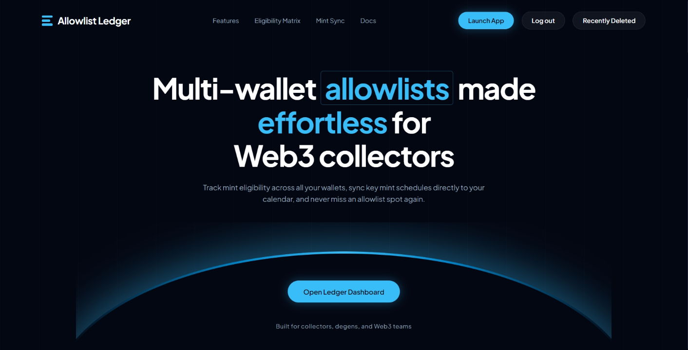 Allowlist Ledger product page describing multi-wallet allowlist tracking and mint schedule syncing.